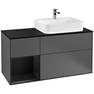 Villeroy und Boch Finion Waschtischunterschrank F142PDGK 120cm, Abdeckplatte Glass Black Matt, Regal links Black matt lacquer, Anthracite matt