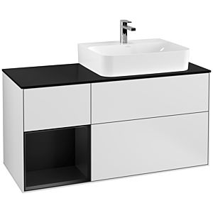 Villeroy et Boch Finion Villeroy et Boch F142PDMT 120cm, couvercle en verre noir mat, étagère gauche laqué noir mat, laqué blanc mat