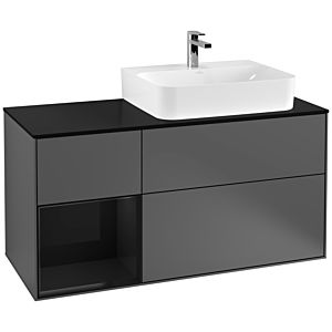 Villeroy und Boch Finion Waschtischunterschrank F142PHGK 120cm, Abdeckplatte Glass Black Matt, Regal links Glossy Black Lacquer, Anthracite matt