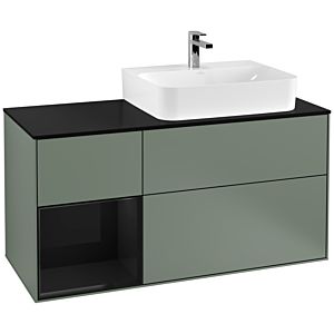 Villeroy und Boch Finion Waschtischunterschrank F142PHGM 120cm, Abdeckplatte Glass Black Matt, Regal links Glossy Black Lacquer, Olive Matt Lacquer