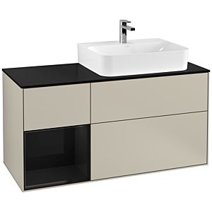 Villeroy und Boch Finion Waschtischunterschrank F142PHHH 120cm, Abdeckplatte Glass Black Matt, Regal links Glossy Black Lacquer, Sand Matt Lacquer