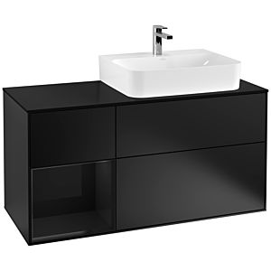 Villeroy und Boch Finion Waschtischunterschrank F142PHPD 120cm, Abdeckplatte Glass Black Matt, Regal links Glossy Black Lacquer, Black matt lacquer