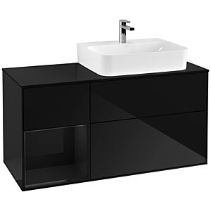 Villeroy und Boch Finion Waschtischunterschrank F142PHPH 120cm, Abdeckplatte Glass Black Matt, Regal links Glossy Black Lacquer, Glossy Black Lacquer