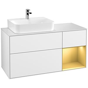 Villeroy und Boch Finion Waschtischunterschrank F151HFGF 120cm, Abdeckplatte white matt, Regal rechts Gold matt, Glossy white lacquer