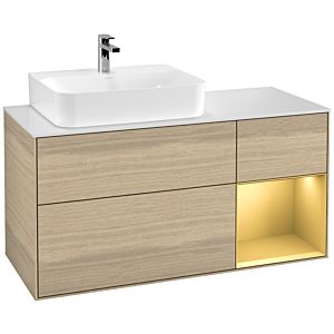 Villeroy und Boch Finion Waschtischunterschrank F151HFPC 120cm, Abdeckplatte white matt, Regal rechts Gold matt, Oak Veneer