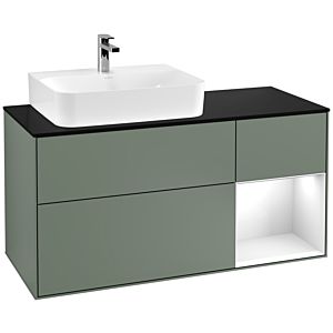 Villeroy et Boch Finion Villeroy et Boch F152GFGM 120cm, plaque de finition noir mat, étagère à droite Laque blanc brillant, Olive Matt Lacquer