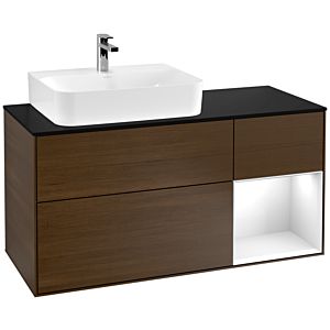 Villeroy und Boch Finion Waschtischunterschrank F152GFGN 120cm, Abdeckplatte black matt, Regal rechts Glossy white lacquer, Walnut veneer