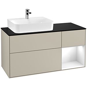 Villeroy und Boch Finion Waschtischunterschrank F152GFHH 120cm, Abdeckplatte black matt, Regal rechts Glossy white lacquer, Sand Matt Lacquer