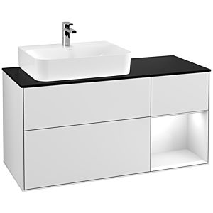 Villeroy und Boch Finion Waschtischunterschrank F152GFMT 120cm, Abdeckplatte black matt, Regal rechts Glossy white lacquer, White matt lacquer