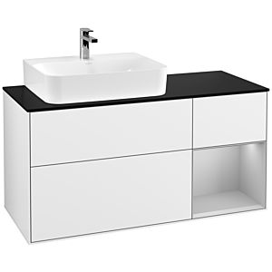 Villeroy und Boch Finion Waschtischunterschrank F152GJGF 120cm, Abdeckplatte black matt, Regal rechts Light grey matt, Glossy white lacquer
