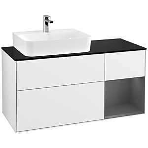 Villeroy und Boch Finion Waschtischunterschrank F152GKGF 120cm, Abdeckplatte black matt, Regal rechts Anthracite matt, Glossy white lacquer