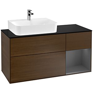 Villeroy und Boch Finion Waschtischunterschrank F152GKGN 120cm, Abdeckplatte black matt, Regal rechts Anthracite matt, Walnut veneer