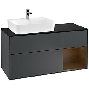 Villeroy und Boch Finion Waschtischunterschrank F152GNHG 120cm, Abdeckplatte black matt, Regal rechts Walnut veneer, Midnight Blue Matt Lacquer