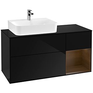 Villeroy und Boch Finion Waschtischunterschrank F152GNPH 120cm, Abdeckplatte black matt, Regal rechts Walnut veneer, Glossy Black Lacquer