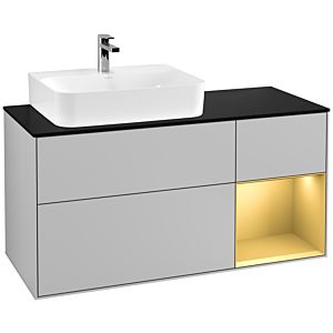 Villeroy und Boch Finion Waschtischunterschrank F152HFGJ 120cm, Abdeckplatte black matt, Regal rechts Gold matt, Light grey matt