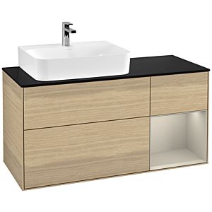 Villeroy und Boch Finion Waschtischunterschrank F152HHPC 120cm, Abdeckplatte black matt, Regal rechts Sand Matt, Oak Veneer
