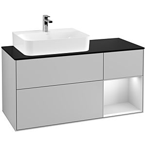 Villeroy und Boch Finion Waschtischunterschrank F152MTGJ 120cm, Abdeckplatte black matt, Regal rechts White matt lacquer, Light grey matt
