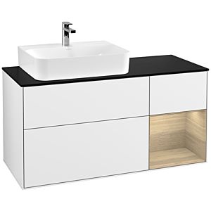 Villeroy und Boch Finion Waschtischunterschrank F152PCGF 120cm, Abdeckplatte black matt, Regal rechts Oak Veneer, Glossy white lacquer