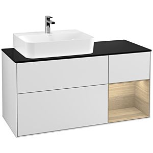 Villeroy und Boch Finion Waschtischunterschrank F152PCMT 120cm, Abdeckplatte black matt, Regal rechts Oak Veneer, White matt lacquer