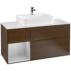 Villeroy und Boch Finion Waschtischunterschrank F161GJGN 120cm, Abdeckplatte white matt, Regal links Light grey matt, Walnut veneer