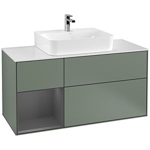 Villeroy et Boch Finion Villeroy et Boch F161GKGM 120cm, plaque de finition blanc mat, étagère gauche anthracite mat, Olive Matt Lacquer