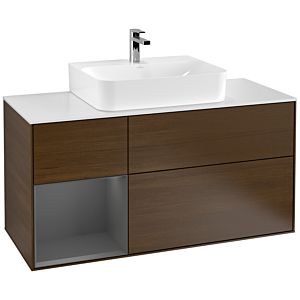 Villeroy und Boch Finion Waschtischunterschrank F161GKGN 120cm, Abdeckplatte white matt, Regal links Anthracite matt, Walnut veneer