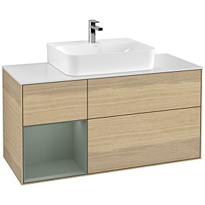 Villeroy und Boch Finion Waschtischunterschrank F161GMPC 120cm, Abdeckplatte white matt, Regal links Olive Matt Lacquer, Oak Veneer