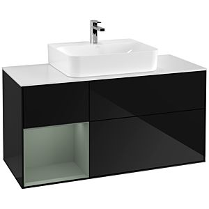 Villeroy und Boch Finion Waschtischunterschrank F161GMPH 120cm, Abdeckplatte white matt, Regal links Olive Matt Lacquer, Glossy Black Lacquer