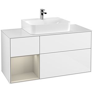 Villeroy und Boch Finion Waschtischunterschrank F161HHGF 120cm, Abdeckplatte white matt, Regal links Sand Matt Lacquer, Glossy white lacquer