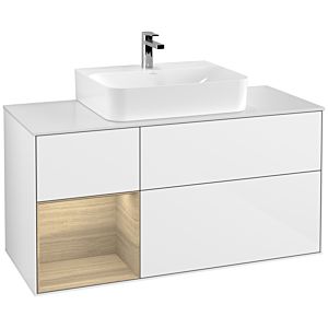 Villeroy und Boch Finion Waschtischunterschrank F161PCGF 120cm, Abdeckplatte white matt, Regal links Oak Veneer, Glossy white lacquer