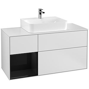 Villeroy und Boch Finion Waschtischunterschrank F161PHMT 120cm, Abdeckplatte white matt, Regal links Glossy Black Lacquer, White matt lacquer