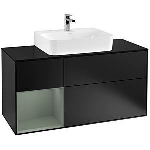 Villeroy und Boch Finion Waschtischunterschrank F162GMPD 120cm, Abdeckplatte black matt, Regal links Olive Matt Lacquer, Black matt lacquer