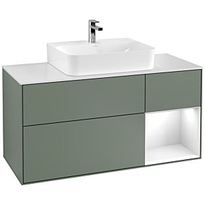 Villeroy et Boch Finion Villeroy et Boch F171GFGM 120cm, plaque de finition blanc mat, étagère à droite Laque blanc brillant, Olive Matt Lacquer
