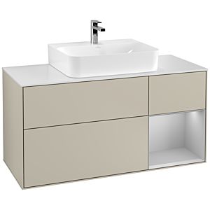 Villeroy und Boch Finion Waschtischunterschrank F171GJHH 120cm, Abdeckplatte white matt, Regal rechts Light grey matt, Sand Matt Lacquer