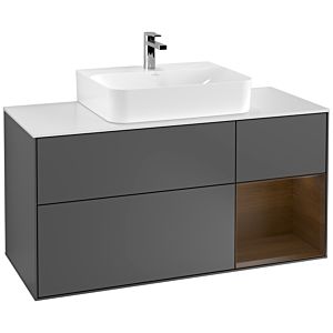 Villeroy und Boch Finion Waschtischunterschrank F171GNGK 120cm, Abdeckplatte white matt, Regal rechts Walnut veneer, Anthracite matt