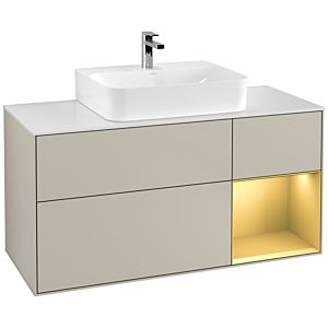 Villeroy und Boch Finion Waschtischunterschrank F171HFHH 120cm, Abdeckplatte white matt, Regal rechts Gold matt, Sand Matt Lacquer