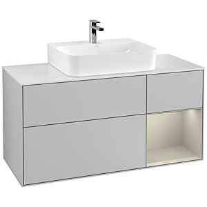 Villeroy und Boch Finion Waschtischunterschrank F171HHGJ 120cm, Abdeckplatte white matt, Regal rechts Sand Matt, Light grey matt
