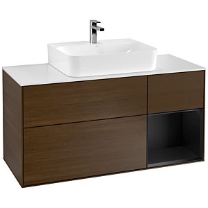 Villeroy und Boch Finion Waschtischunterschrank F171PDGN 120cm, Abdeckplatte white matt, Regal rechts Black matt lacquer, Walnut veneer