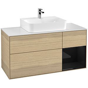 Villeroy und Boch Finion Waschtischunterschrank F171PHPC 120cm, Abdeckplatte white matt, Regal rechts Glossy Black Lacquer, Oak Veneer