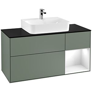Villeroy et Boch Finion Villeroy et Boch F172GFGM 120cm, plaque de finition noir mat, étagère à droite Laque blanc brillant, Olive Matt Lacquer