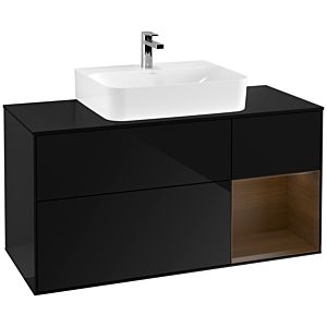 Villeroy und Boch Finion Waschtischunterschrank F172GNPH 120cm, Abdeckplatte black matt, Regal rechts Walnut veneer, Glossy Black Lacquer