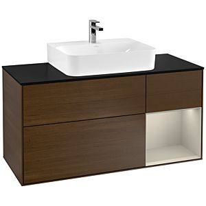 Villeroy und Boch Finion Waschtischunterschrank F172HHGN 120cm, Abdeckplatte black matt, Regal rechts Sand Matt, Walnut veneer