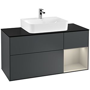 Villeroy und Boch Finion Waschtischunterschrank F172HHHG 120cm, Abdeckplatte black matt, Regal rechts Sand Matt, Midnight Blue Matt Lacquer