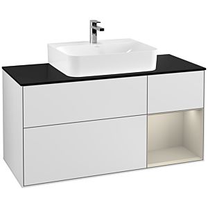 Villeroy und Boch Finion Waschtischunterschrank F172HHMT 120cm, Abdeckplatte black matt, Regal rechts Sand Matt, White matt lacquer