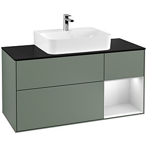 Villeroy und Boch Finion Waschtischunterschrank F172MTGM 120cm, Abdeckplatte black matt, Regal rechts White matt lacquer, Olive Matt Lacquer
