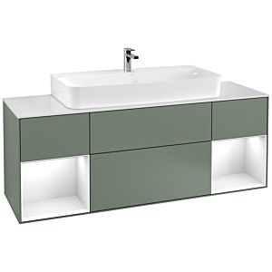 Villeroy et Boch Finion Villeroy et Boch F211GFGM 160cm, plaque de finition blanc mat, étagères laqué blanc brillant, Olive Matt Lacquer