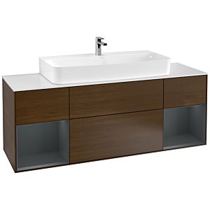 Villeroy und Boch Finion Waschtischunterschrank F211HGGN 160cm, Abdeckplatte white matt, Regale Midnight matt lacquer, Walnut veneer