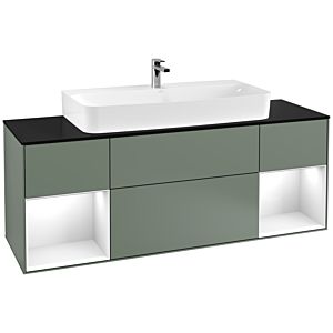 Villeroy und Boch Finion Waschtischunterschrank F212GFGM 160cm, Abdeckplatte black matt, Regale Glossy white lacquer, Olive Matt Lacquer