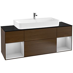 Villeroy und Boch Finion Waschtischunterschrank F212GJGN 160cm, Abdeckplatte black matt, Regale Light grey matt lacquer, Walnut veneer