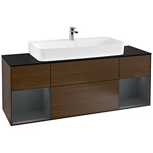 Villeroy und Boch Finion Waschtischunterschrank F212HGGN 160cm, Abdeckplatte black matt, Regale Midnight matt lacquer, Walnut veneer